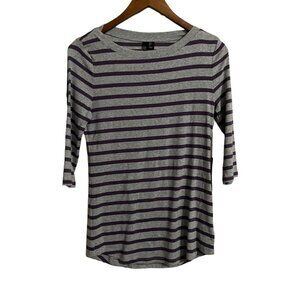 Carole Little Womens NWT Gray Purple Striped Fitted 3/4 Sleeve T-Shirt Large